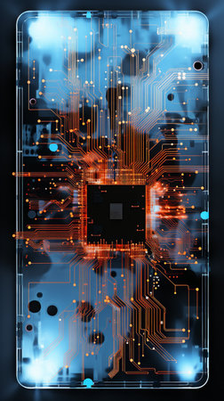 PCB traces on an abstract chip on a clear backdrop. Binary information transfer via a conductorの素材