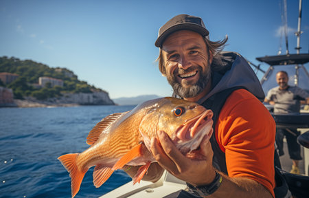 Sport fishing for deep sea on a yacht in the ocean. A contented male angler clutching a larger, grenadier fishの素材