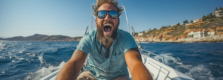 Sport fishing for deep sea on a yacht in the ocean. A contented male angler clutching a larger, grenadier fishの素材