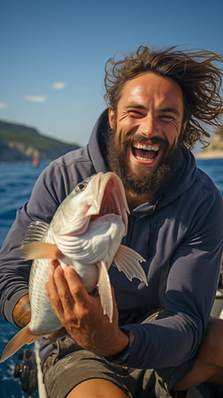 Sport fishing for deep sea on a yacht in the ocean. A contented male angler clutching a larger, grenadier fishの素材