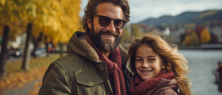 A new urban district by a lake is where a father is spending time with his family, holding a gorgeous youngster.の素材