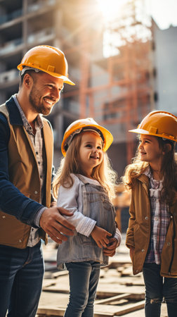 At a construction site, a man holding his daughter and a lady pointing at something are standing next to their husband. Future homeowners with a toddler watching an apartment block be builtの素材
