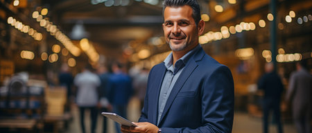 A business-dressed woman manager is shown using a clipboard to monitor her company's performance against a backdrop of a CNC warehouse. Banner wooden industrial factory furnitureの素材