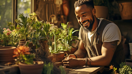 An African American man is shown in this portrait smiling and utilising a digital tablet computer while seated at a wooden desk surrounded by botanic plants.の素材