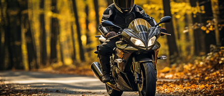 On a wooded asphalt road, a motorcyclist wearing motorcycle apparel and a helmet rides a custom, elegant motorcycle.の素材