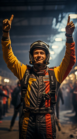 a driver with his hands raised on a racecourseの素材