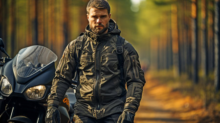 On a wooded asphalt road, a motorcyclist wearing motorcycle apparel and a helmet rides a custom, elegant motorcycle.の素材