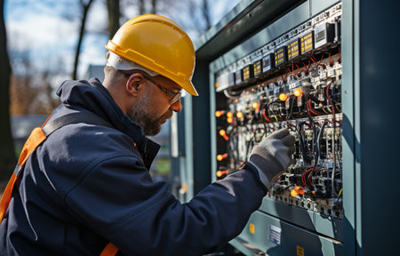 A qualified technician is monitoring the solar inverter's voltage. Male measuring output voltage with current probe. A man wearing a helmet is pointing to the PV panel's reverse inverter dial.の素材