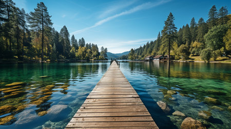pontoon with wood pier on a lake,の素材