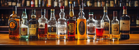 Different alcohol bottles on display in a barの素材