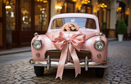 Wedding ribbon dÃ©cor on a classic vehicleの素材
