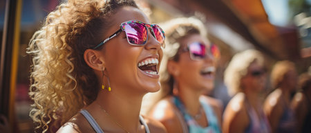 Eyewear and event personnel at an outdoor summer music, dance and funfair festival. Joyful women, young ladies camping, and a security crew wearing a headgear, safety vests, or attending a performance in the great outdoorsの素材