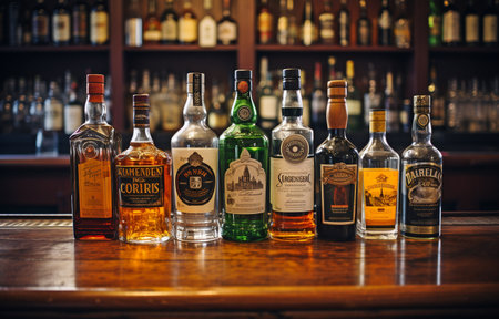 Different alcohol bottles on display in a barの素材