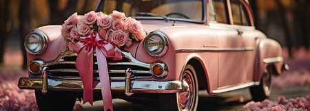 Wedding ribbon dÃ©cor on a classic vehicleの素材