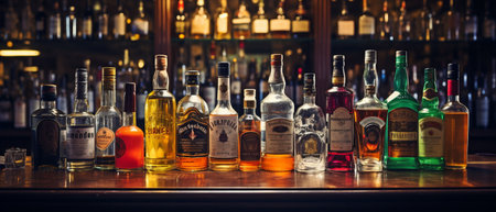 Different alcohol bottles on display in a barの素材