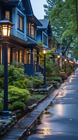 suburban neighbourhood street with houses at nightの素材