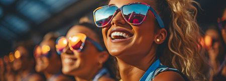Eyewear and event personnel at an outdoor summer music, dance and funfair festival. Joyful women, young ladies camping, and a security crew wearing a headgear, safety vests, or attending a performance in the great outdoorsの素材