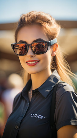 Eyewear and event personnel at an outdoor summer music, dance and funfair festival. Joyful women, young ladies camping, and a security crew wearing a headgear, safety vests, or attending a performance in the great outdoorsの素材