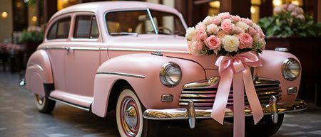 Wedding ribbon dÃ©cor on a classic vehicleの素材