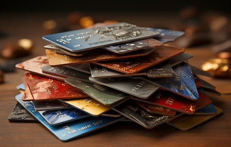 credit cards piled on top of one another in a pile. Suitable for demonstrating financial ideas and consumerismの素材