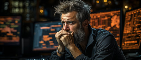 A stockbroker closely observing price changes on stock market chartsの素材