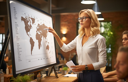 stern senior businesswoman describing the work during the meeting while positioned in front of a flip chartの素材
