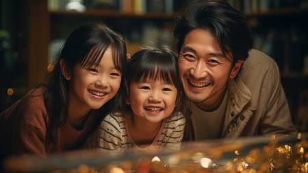 An Asian family, consisting of a mother, father, and daughter, snuggles on a cosy sofa while they laugh and smile together in their contemporary home.の素材