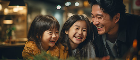 An Asian family, consisting of a mother, father, and daughter, snuggles on a cosy sofa while they laugh and smile together in their contemporary home.の素材