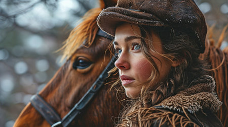 A picture of a lovely young woman riding a brown horse on an autumn dayの素材