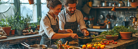 While cooking fresh, healthful food in the kitchen, a happy young couple enjoys themselves.の素材