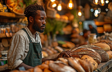 Black man selecting bread in the supermarketの素材