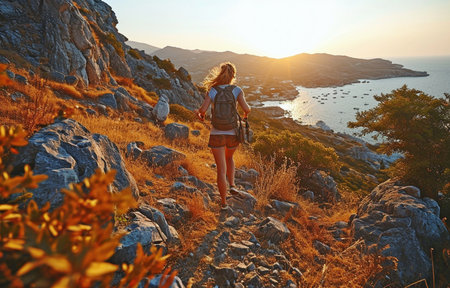 A sporty girl is shown sprinting in the air on a hill against the sea while wearing a shirt, shorts and trainers.の素材