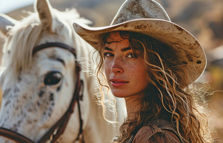 Young, content woman at a ranch with a horseの素材