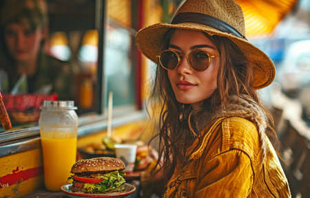Chic and fashionable girl sporting a burgerの素材