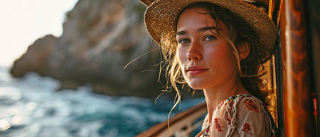Sailing the Caribbean Sea, a self-assured, fashionable female dressed for summer sits on a ship and faces the camera.の素材