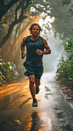 Man jogging on a road in sportswearの素材