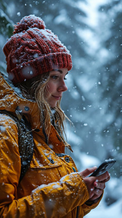 A winter road journey including a side shot of a woman using a smartphone next to a carの素材