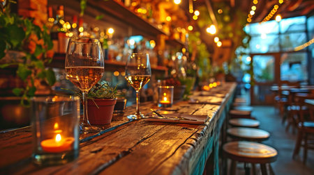 In a contemporary restaurant, chic cups for a variety of alcoholic drinks are suspended over the bar. champagne and wine glassesの素材