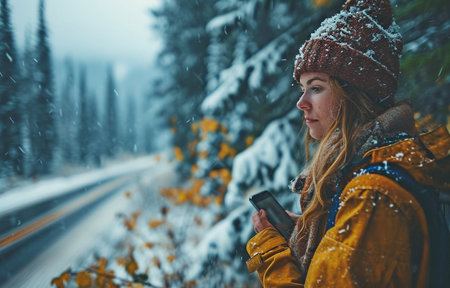 A winter road journey including a side shot of a woman using a smartphone next to a carの素材
