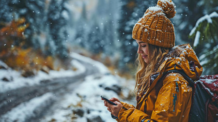 A winter road journey including a side shot of a woman using a smartphone next to a carの素材