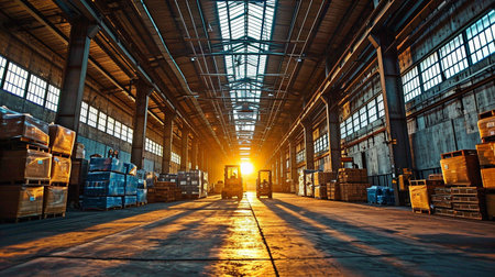 People and forklifts are moving items in the storage room of an inside warehouse industrial structure.の素材