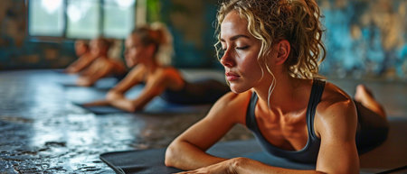 A woman and her trainer are doing yoga at the gym.の素材