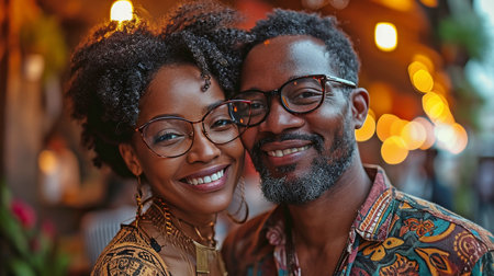 A content couple in a cafe taking a pictureの素材