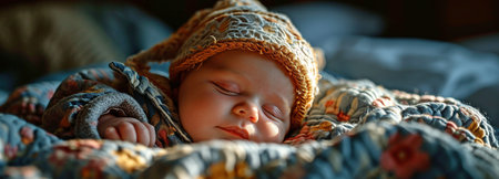 A newborn infant resting in a hospital bassinetの素材