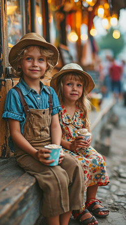 Picture of a brother and sister enjoying sweet ice cream on a benchの素材