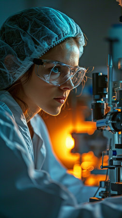 Procedure for lasik surgery and laser eyesight repair. The patient is covered sterilely while the doctor uses equipment to treat the eye.の素材