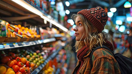 A customer perusing the supermarket's shelvesの素材