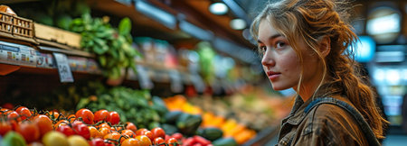 A customer perusing the supermarket's shelvesの素材