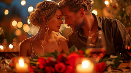 During a romantic meal, a man gives a woman a bunch of roses.の素材