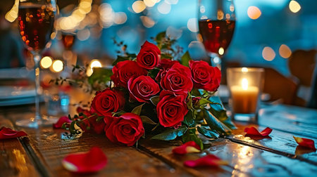 During a romantic meal, a man gives a woman a bunch of roses.の素材
